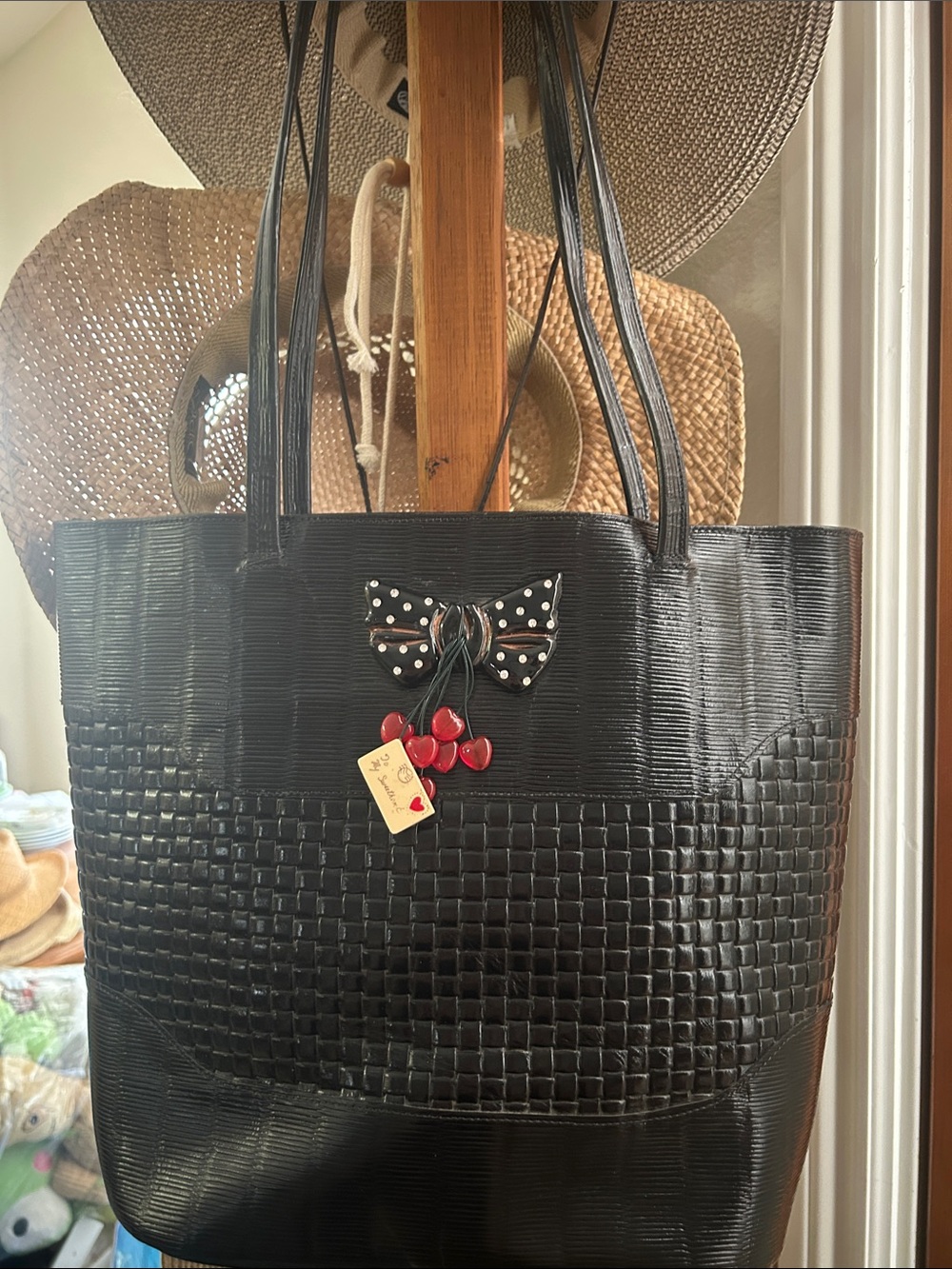 Black Woven Tote with Cherry Charm VGUC